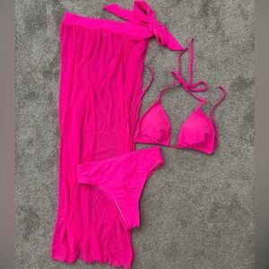 SHEIN Hot Pink Bikini Set with Sheer Sarong